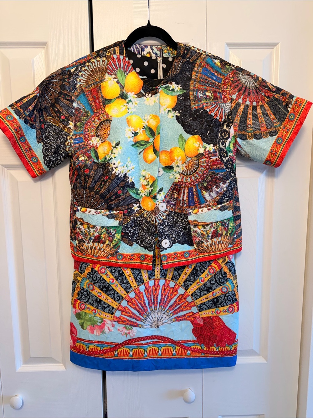 Colorful Fan and Lemons Print Jacket & Dress, Size S/M 2Pcs Set
